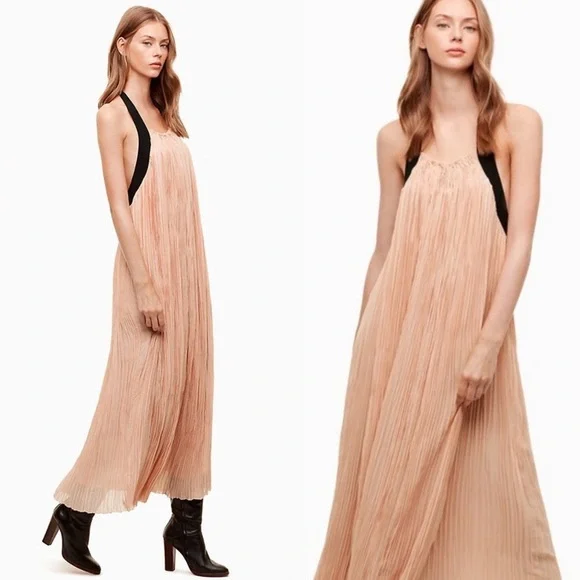Aritzia Le Fou Couvin Dress Blush‎ Pink Black Silk Size XXS Halter Maxi Bohemian - Picture 12 of 12